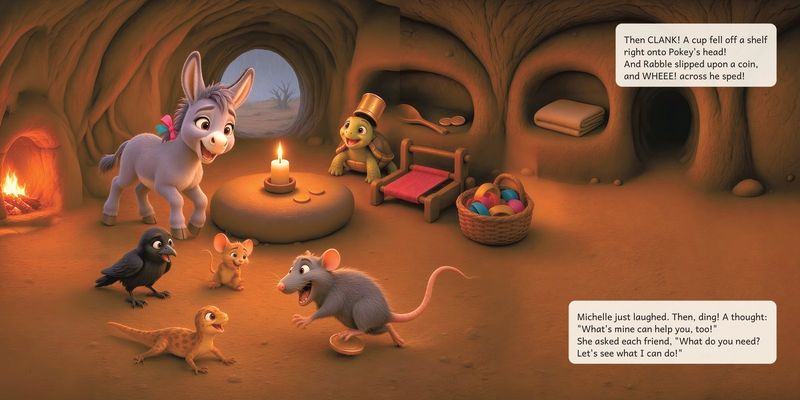 Sample spread: CLANK! A cup falls on Pokey's head
