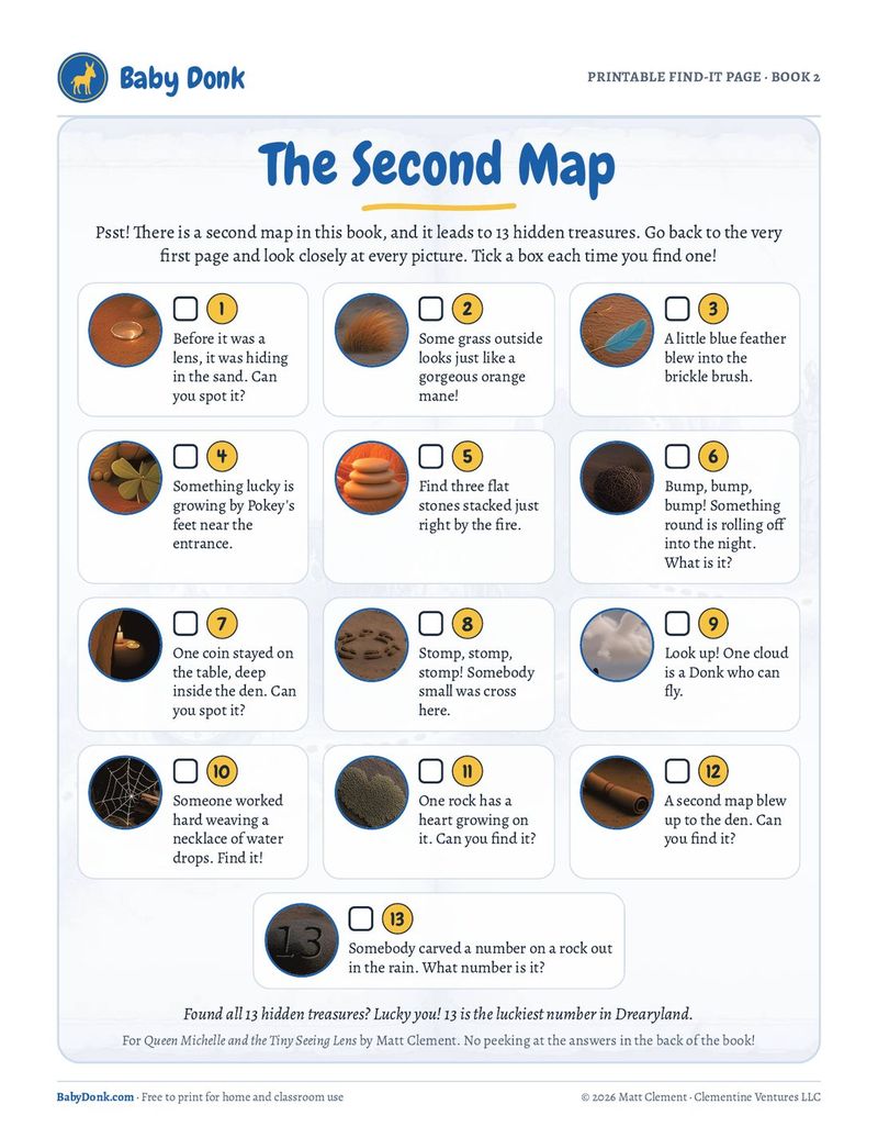 Printable Second Map for Book 2: 13 picture clues with checkboxes