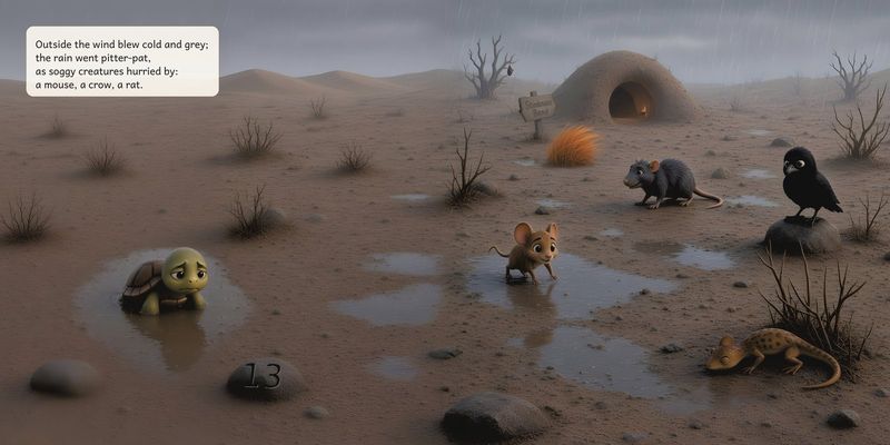 Sample spread: soggy creatures hurry by in the rain
