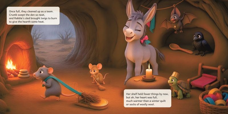 Sample spread: the den friends clean up as a team