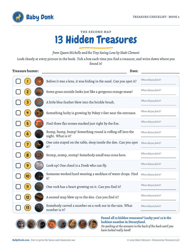 Printable Book 2 treasure checklist: 13 picture clues with checkboxes