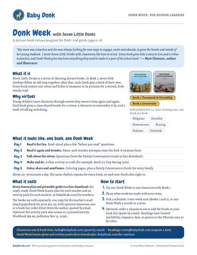 The Donk Week one-pager for school leaders: what it is, why virtues, the five-day rhythm, what it costs and how to start