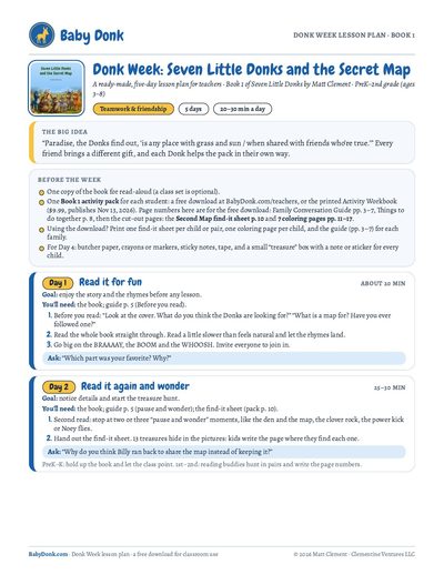 Page 1 of the Book 1 Donk Week lesson plan: the big idea, what to get ready before the week, and Days 1 and 2