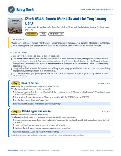 Page 1 of the Book 2 Donk Week lesson plan: the big idea, what to get ready before the week, and Days 1 and 2