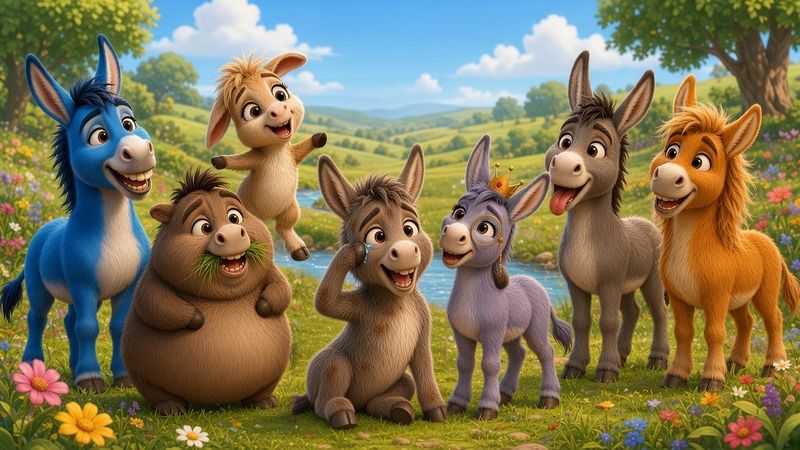 The seven Donks in their meadow paradise