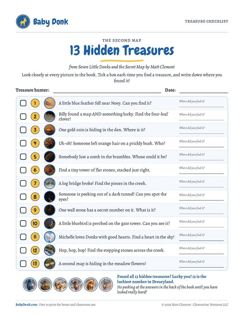 Printable treasure checklist: 13 hidden treasures with picture clues, checkboxes and a line to write where each was found